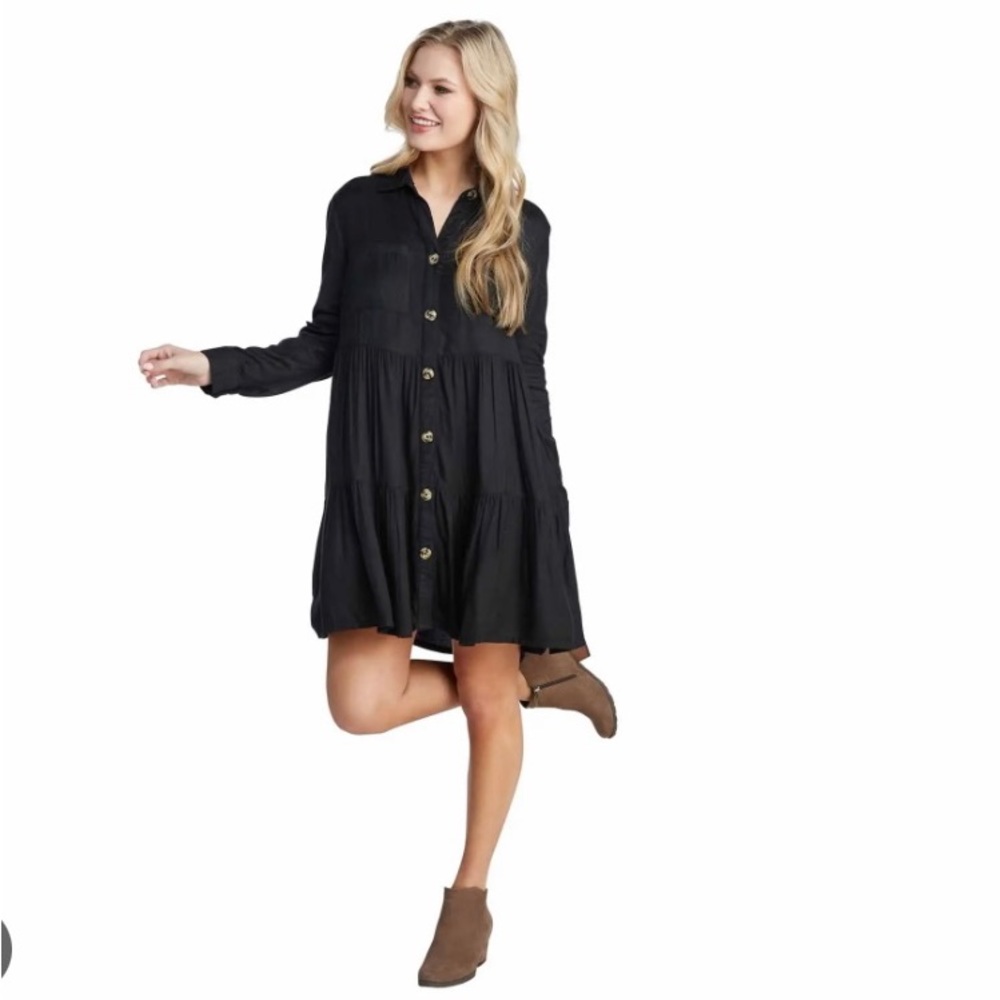 MUDPIE Clover Button-Down Tiered Long Sleeve Dress NWT